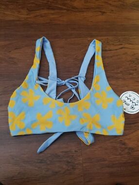 Of One Sea Girls Blue Yellow Floral Tie-Back Swim Bikini Top Size M New